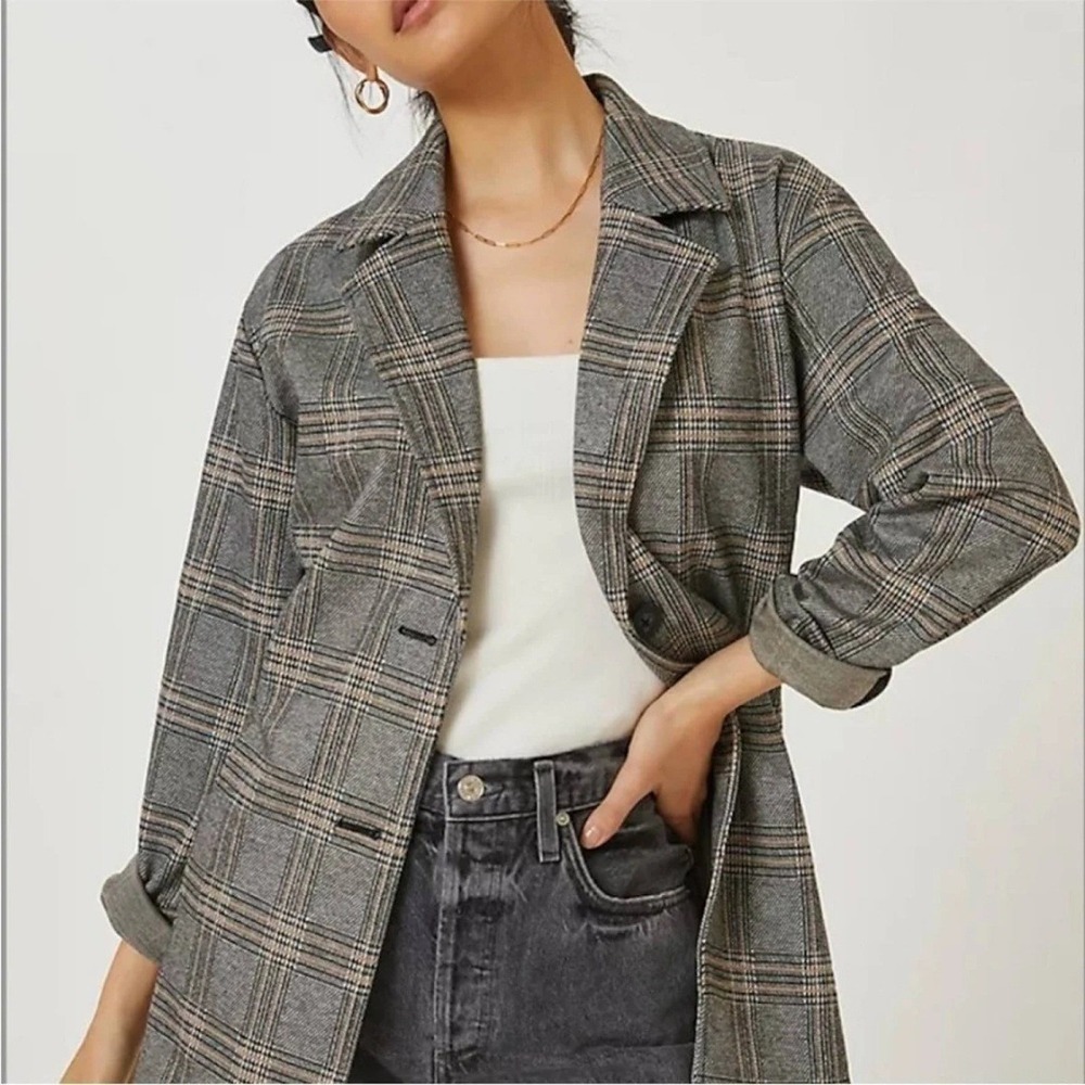 Avec Les Filles Grey Glen Plaid Longline Blazer Coat Jacket Menswear Style 68274